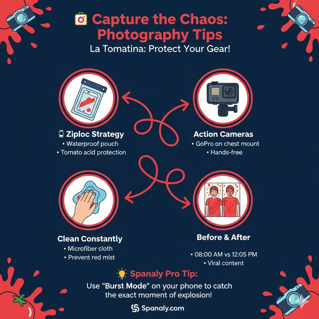 An infographic with photography tips for La Tomatina 2026, showing a waterproof Ziploc strategy for phones, GoPro action cameras, lens cleaning tips, and the before-and-after photo concept.