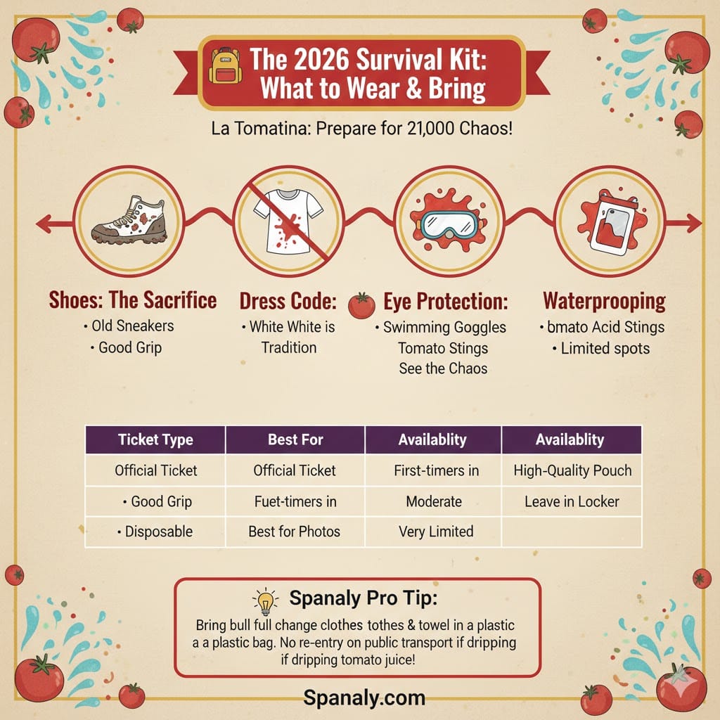 An infographic survival kit for La Tomatina 2026, showing essential items: old sneakers, white t-shirts, swimming goggles for eye protection, and waterproof pouches for phones.