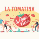 Cartoon image of La Tomatina Festival 2025: large tomato with people throwing tomatoes in Buñol