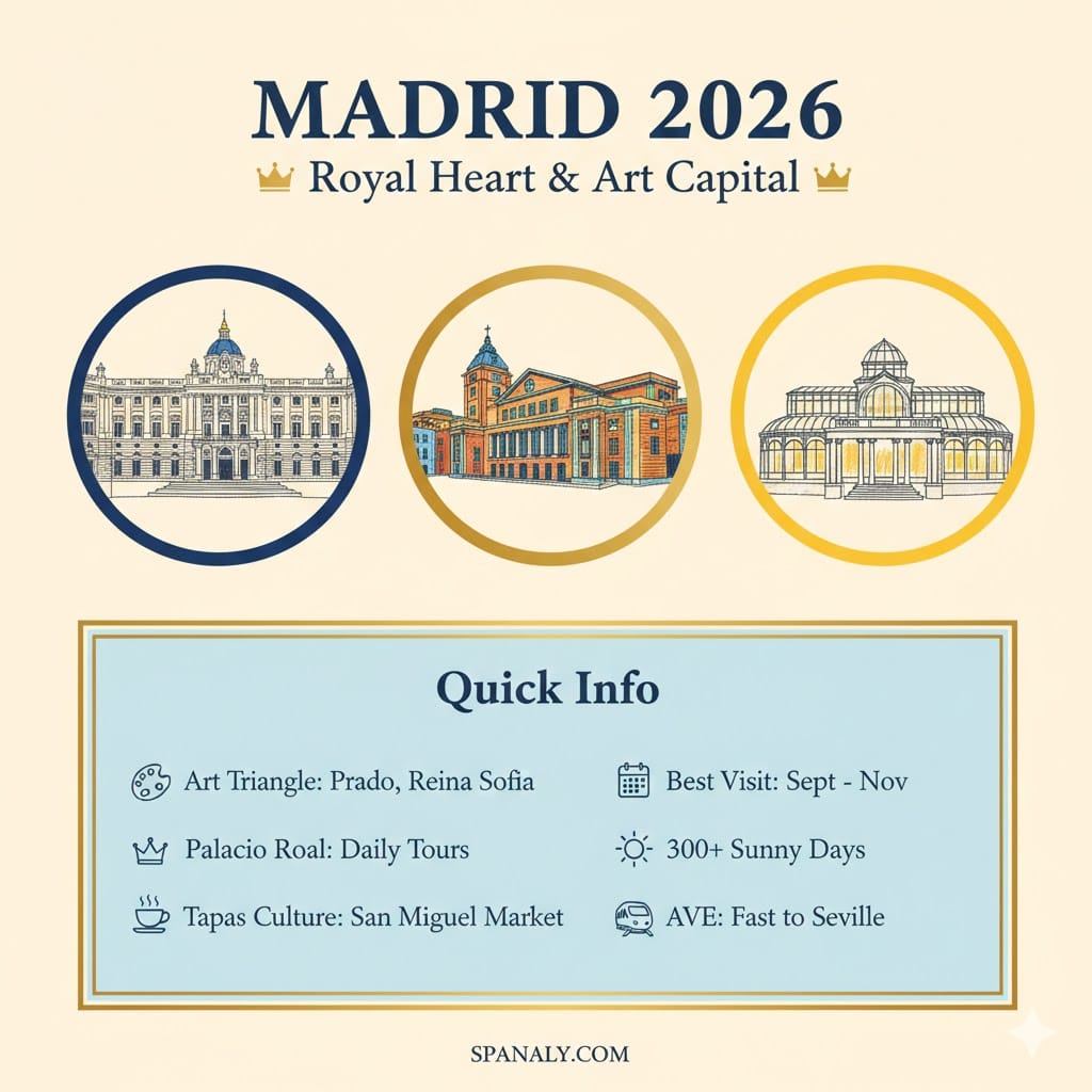 Infographic of Madrid 2026 highlights including the Royal Palace, Prado Museum, Crystal Palace, and essential travel tips for tourists.