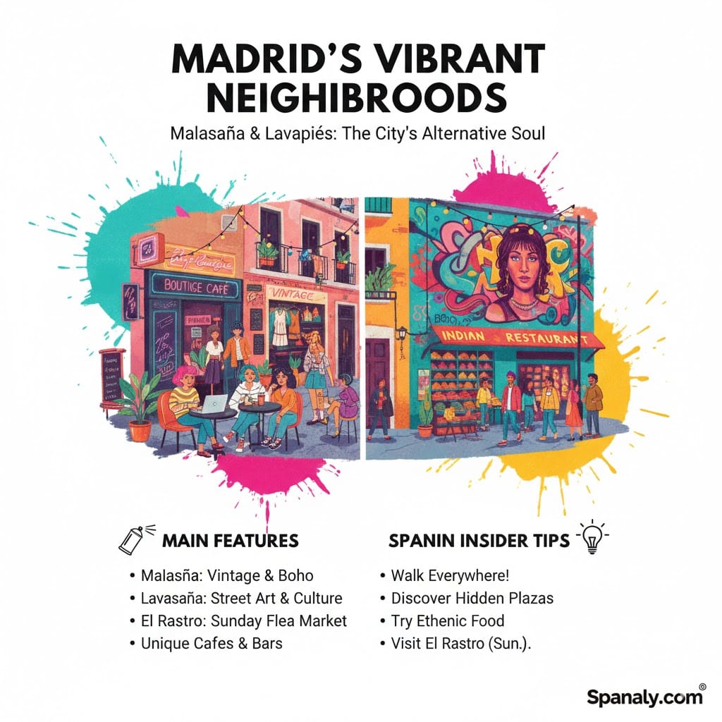 A vibrant street scene in Malasaña, Madrid, featuring street art, boutique cafes, and local bohemian culture.