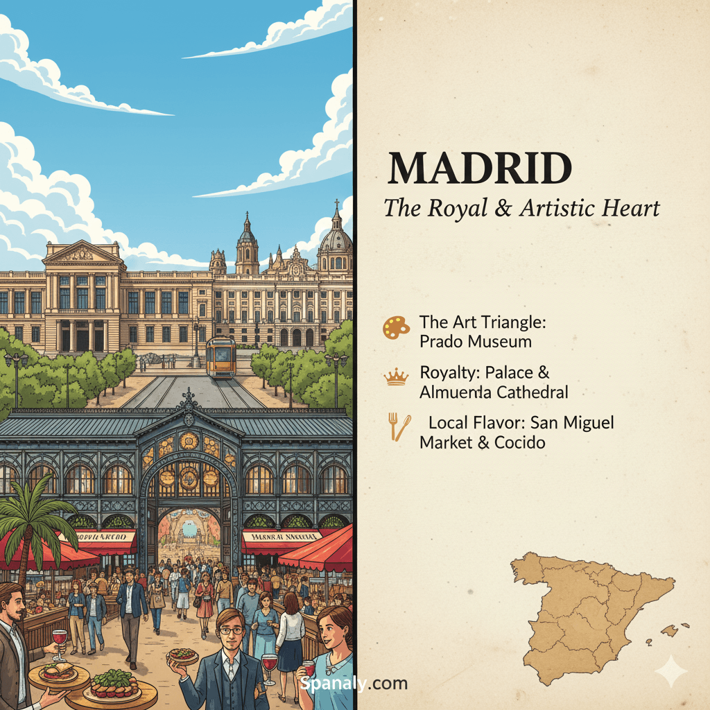 Professional travel infographic of Madrid featuring the Royal Palace and Prado Museum art elements with a Spain map highlighting the capital city - Spanaly logo on top left.