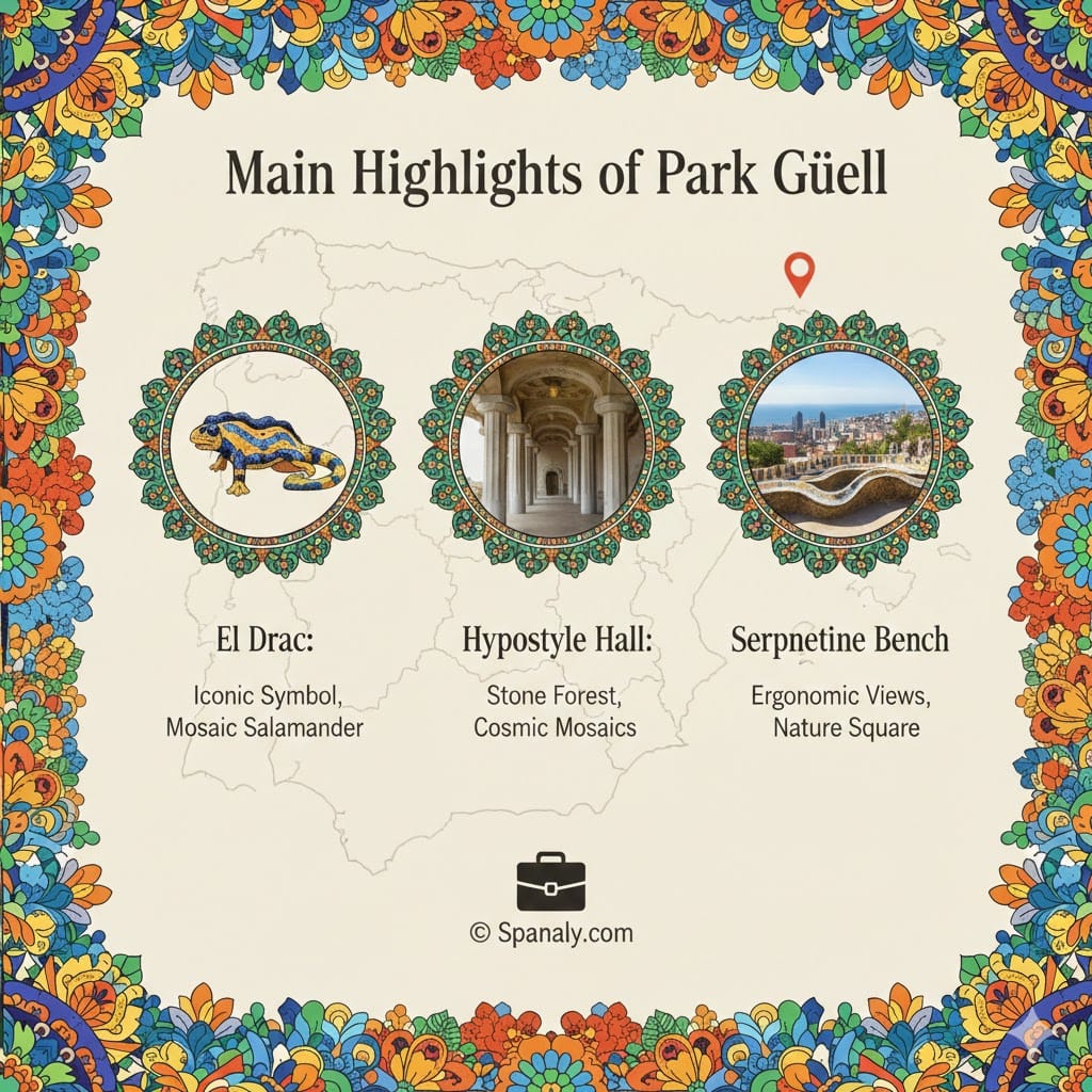 Comprehensive 2026 infographic of Park Güell highlights featuring El Drac mosaic salamander, the Hypostyle Hall stone forest, and the Serpentine Bench at Nature Square with a map of Spain.