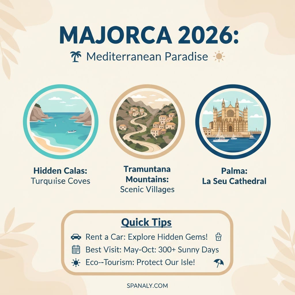 Infographic of Majorca 2026 highlights, featuring hidden turquoise coves, Tramuntana mountains, Palma Cathedral, and car rental travel tips.