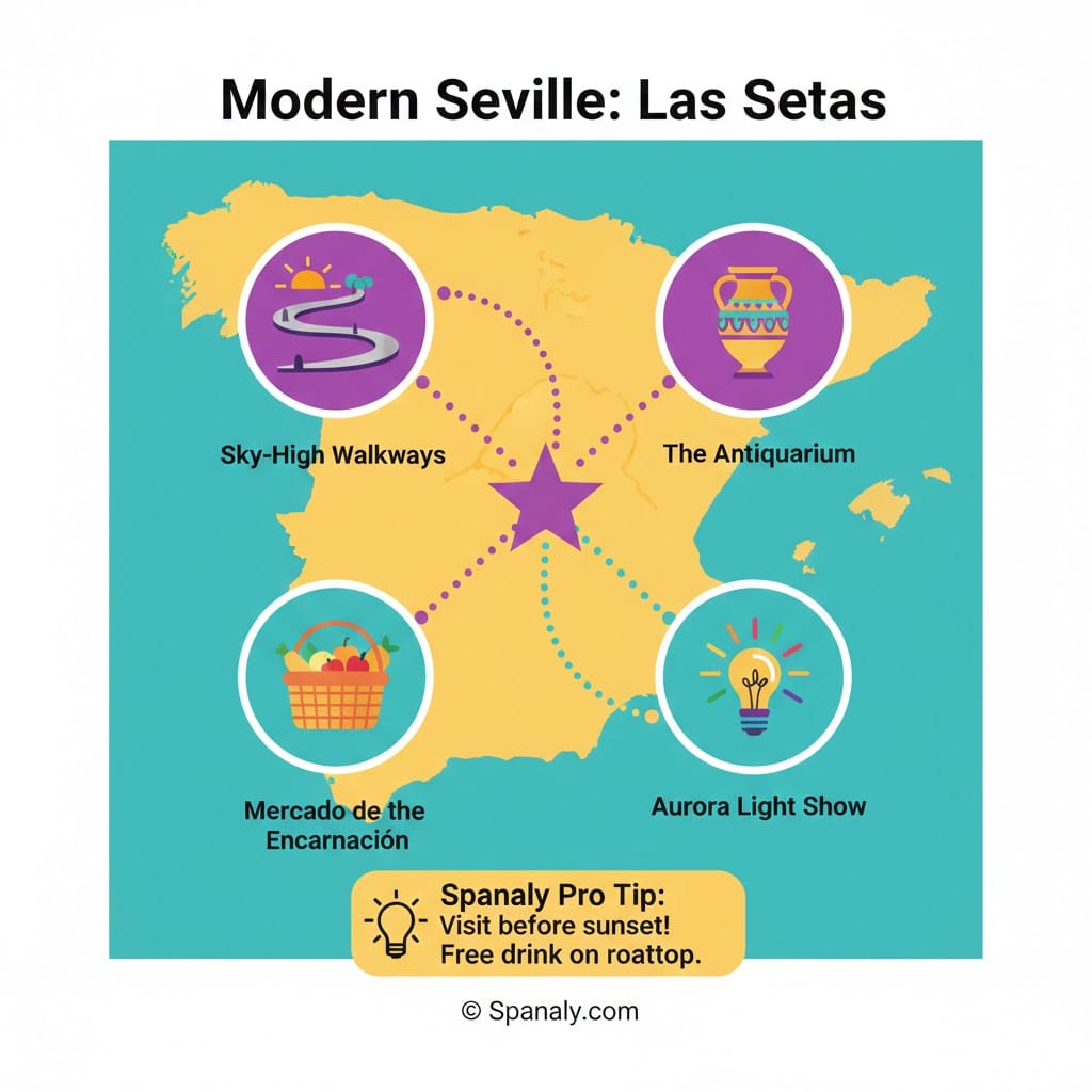 A modern infographic about Metropol Parasol (Las Setas) in Seville 2026, featuring icons for the Sky-High Walkways, Antiquarium, Central Market, and Aurora Light Show with a travel tip on a map of Spain.