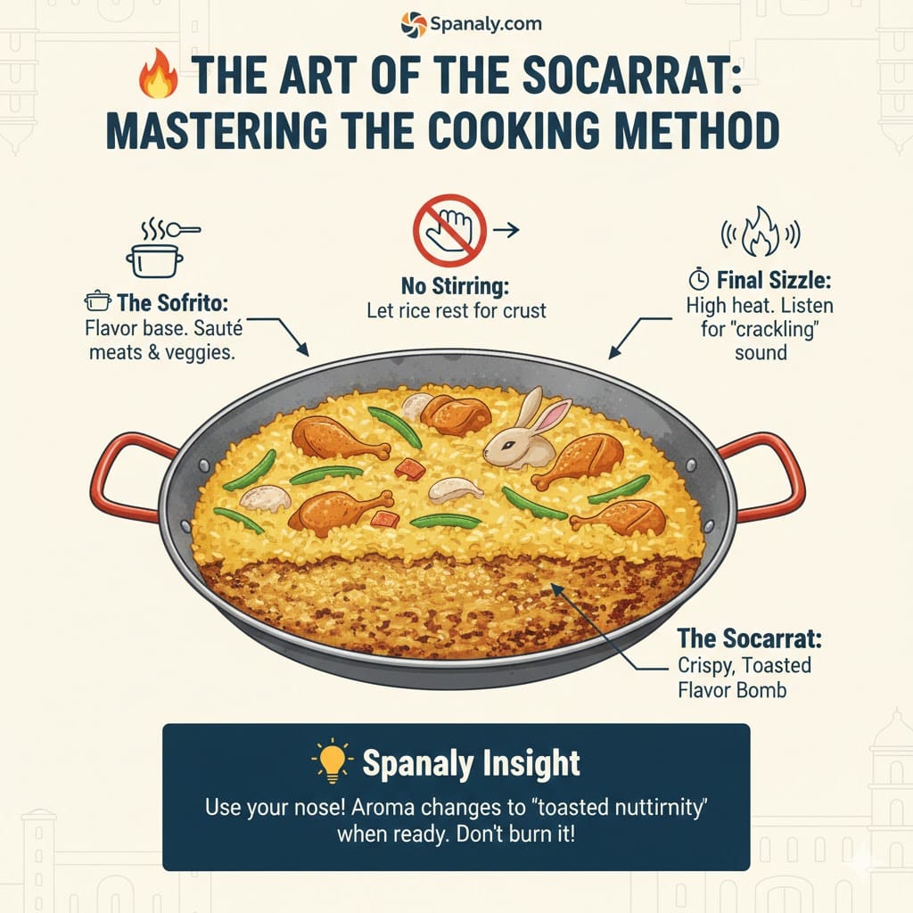 A colorful infographic titled 'The Art of the Socarrat' showing a cross-section of a paella pan with a crispy golden bottom layer. It features icons for the sofrito base, the no-stirring rule, and a Spanaly Insight tip on how to smell when the rice is perfectly toasted.