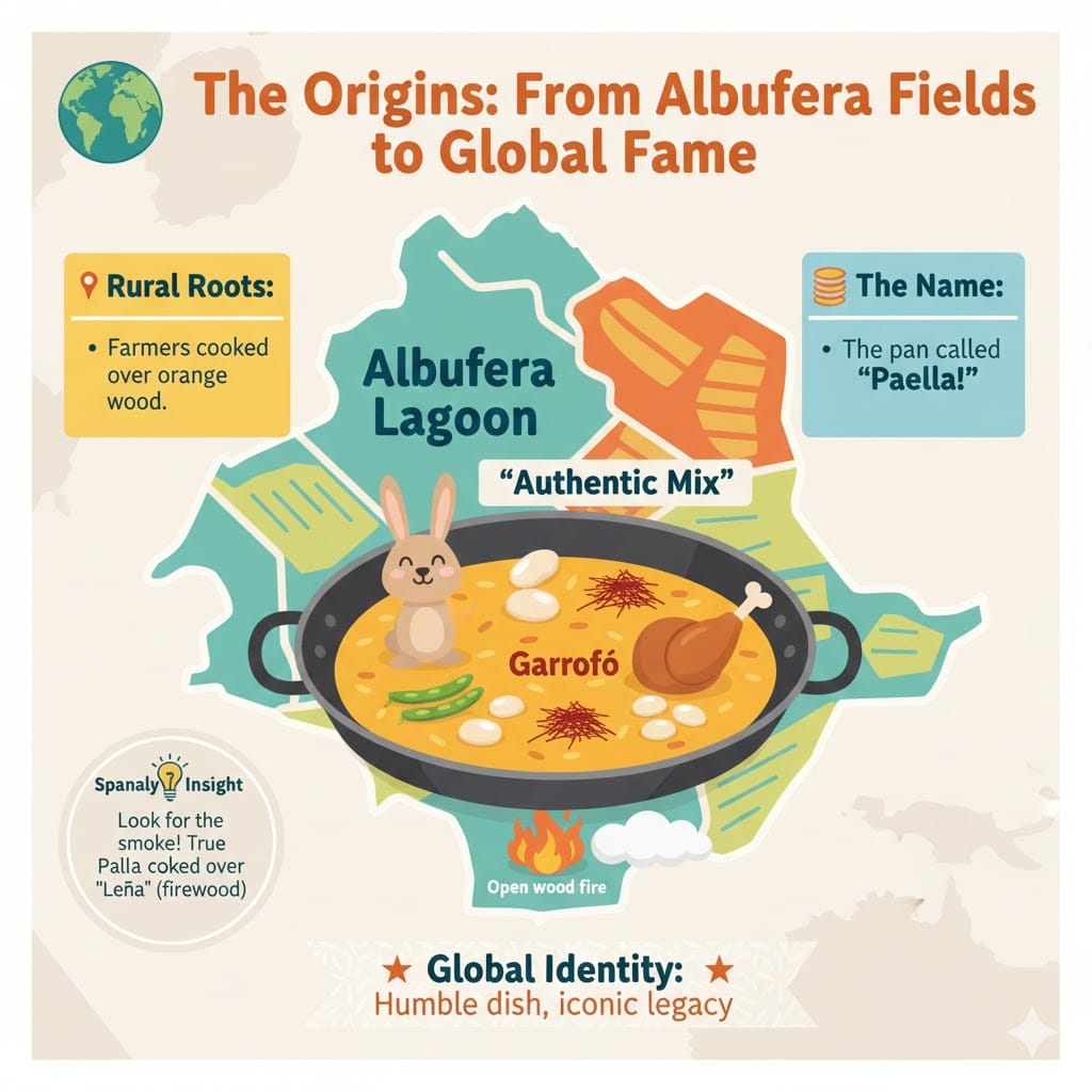 A colorful infographic titled 'The Origins: From Albufera Fields to Global Fame' showing a paella pan with ingredients like rabbit, chicken, and garrofó beans. It features icons for rural roots, the Albufera Lagoon map, and a Spanaly Insight tip about firewood cooking.