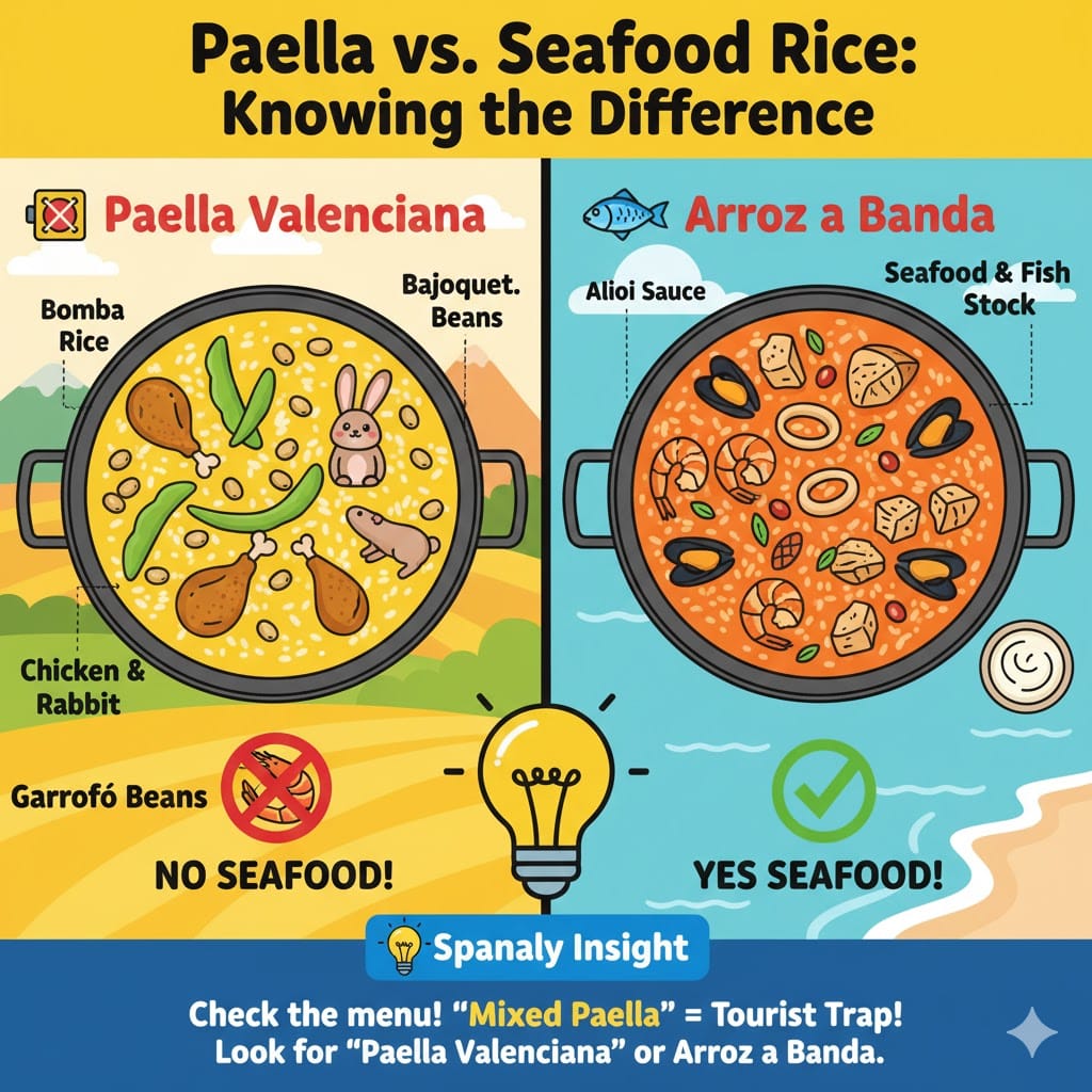 A side-by-side infographic comparing Paella Valenciana (meat, beans, and no seafood) with Arroz a Banda (seafood and fish stock). It includes a Spanaly Insight warning that 'Mixed Paella' is often a tourist trap and advises looking for specific names on the menu.