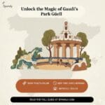 An artistic illustration of Park Güell in Barcelona featuring the iconic mosaic salamander and the Sagrada Família in the background, set against a stylized map of Spain with the Spanaly logo