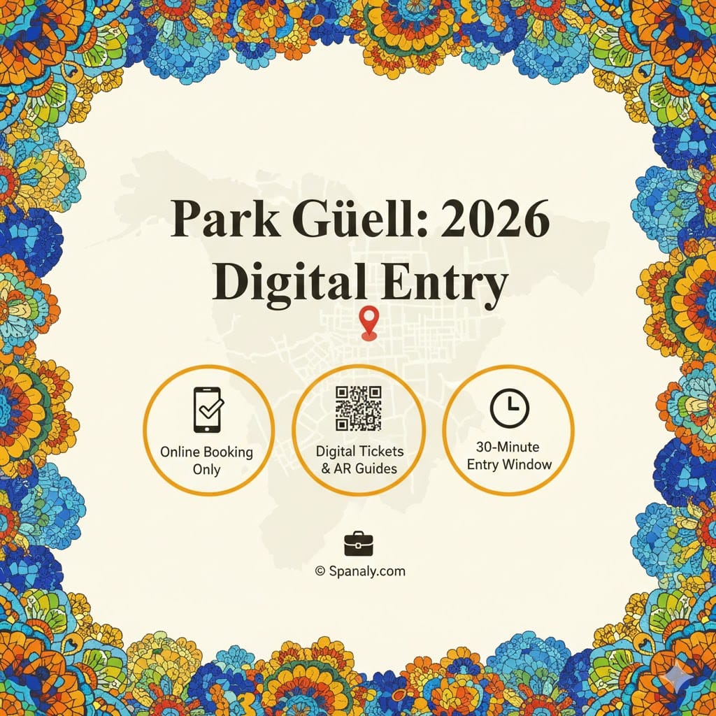 A colorful 2026 infographic for Park Güell digital entry system featuring online booking, QR code tickets, and the 30-minute entry window with a Spain map background.