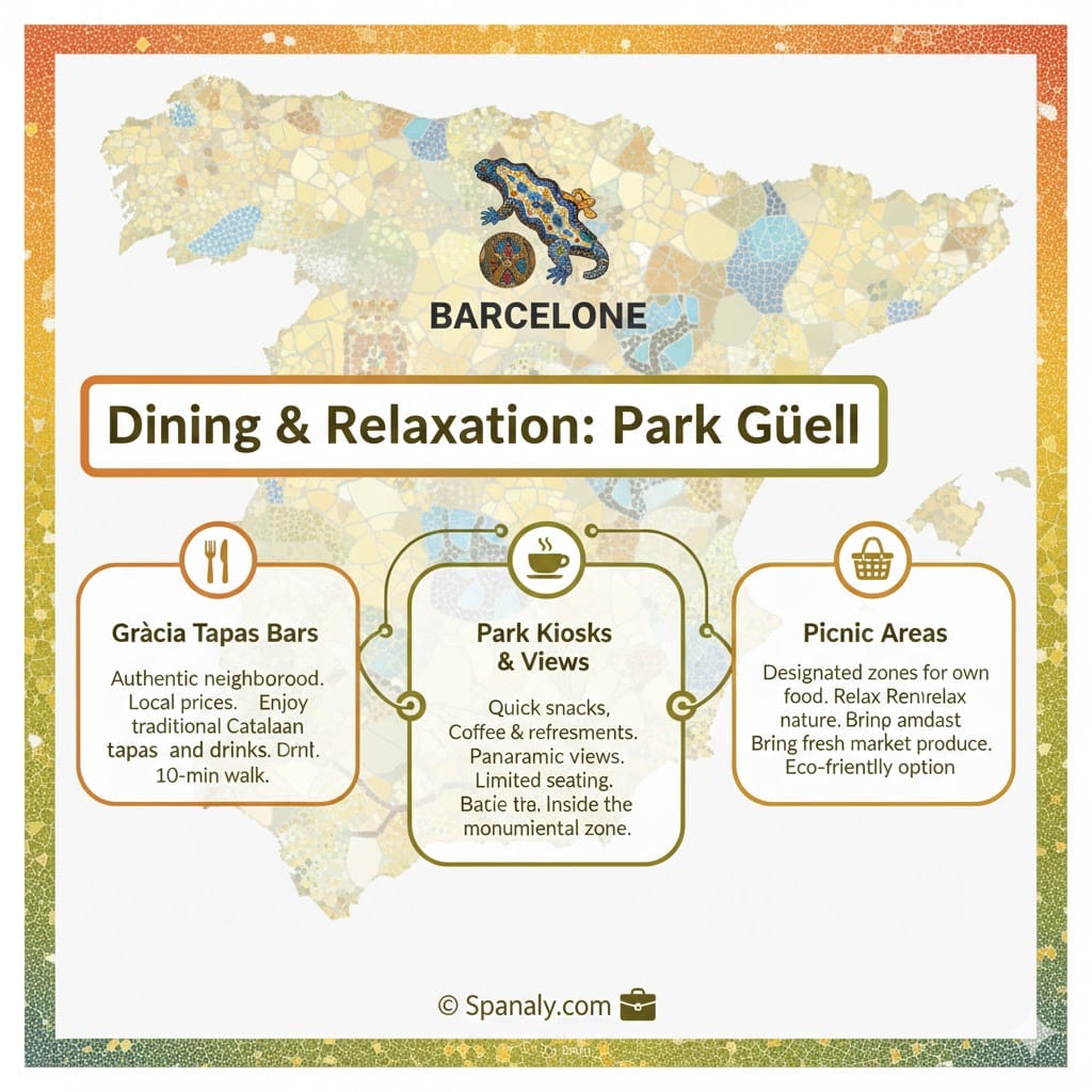 A detailed 2026 dining guide for Park Güell featuring Gràcia tapas bars, park kiosks, and picnic areas with a Gaudí mosaic dragon background.