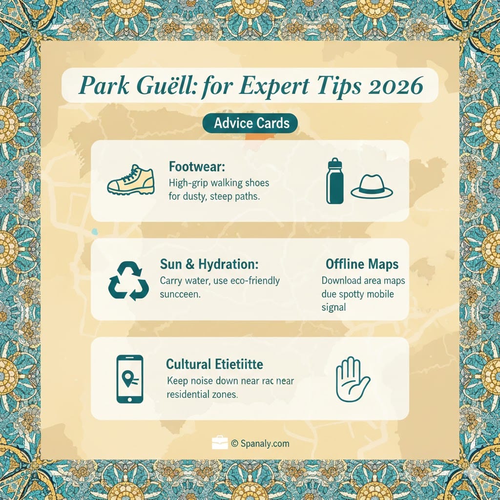 A high-quality 2026 travel infographic checklist for Park Güell featuring expert advice on footwear, sun protection, offline maps, and cultural etiquette with a mosaic border.