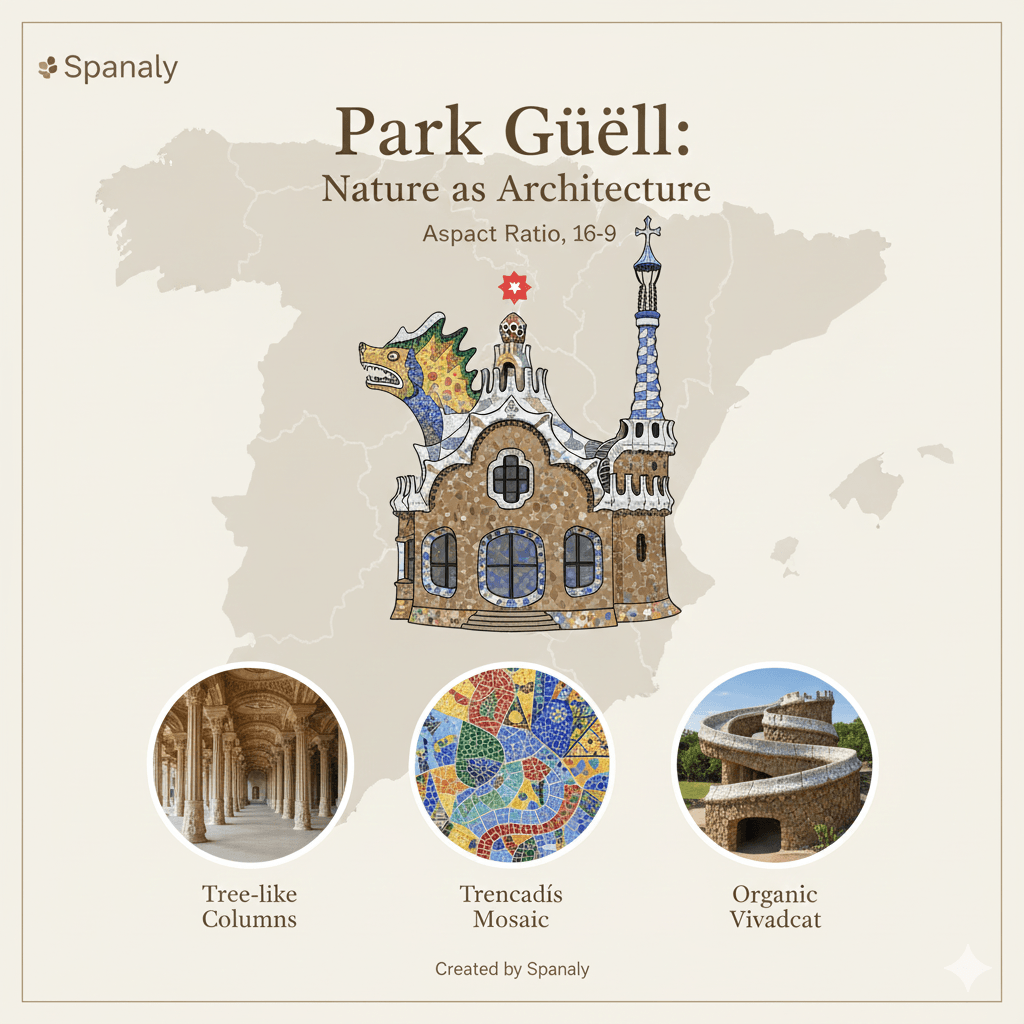 Detailed infographic of Park Güell in Barcelona featuring Gaudí's nature-inspired architecture, including tree-like columns, colorful Trencadís mosaics, and organic stone viaducts