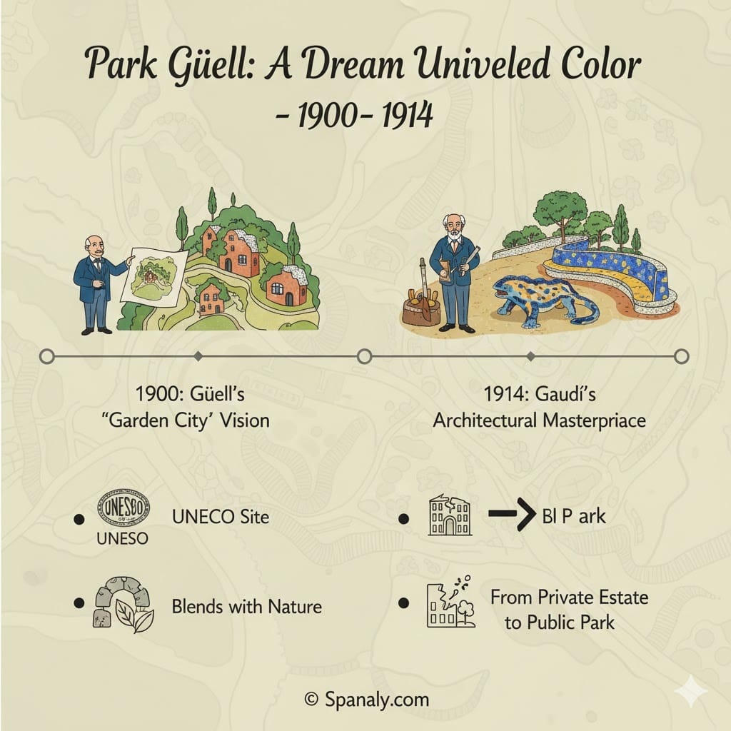 Historical infographic of Park Güell showing the timeline from 1900 to 1914, featuring Eusebi Güell's Garden City vision and Antoni Gaudí's architectural masterpiece on a map of Spain background.