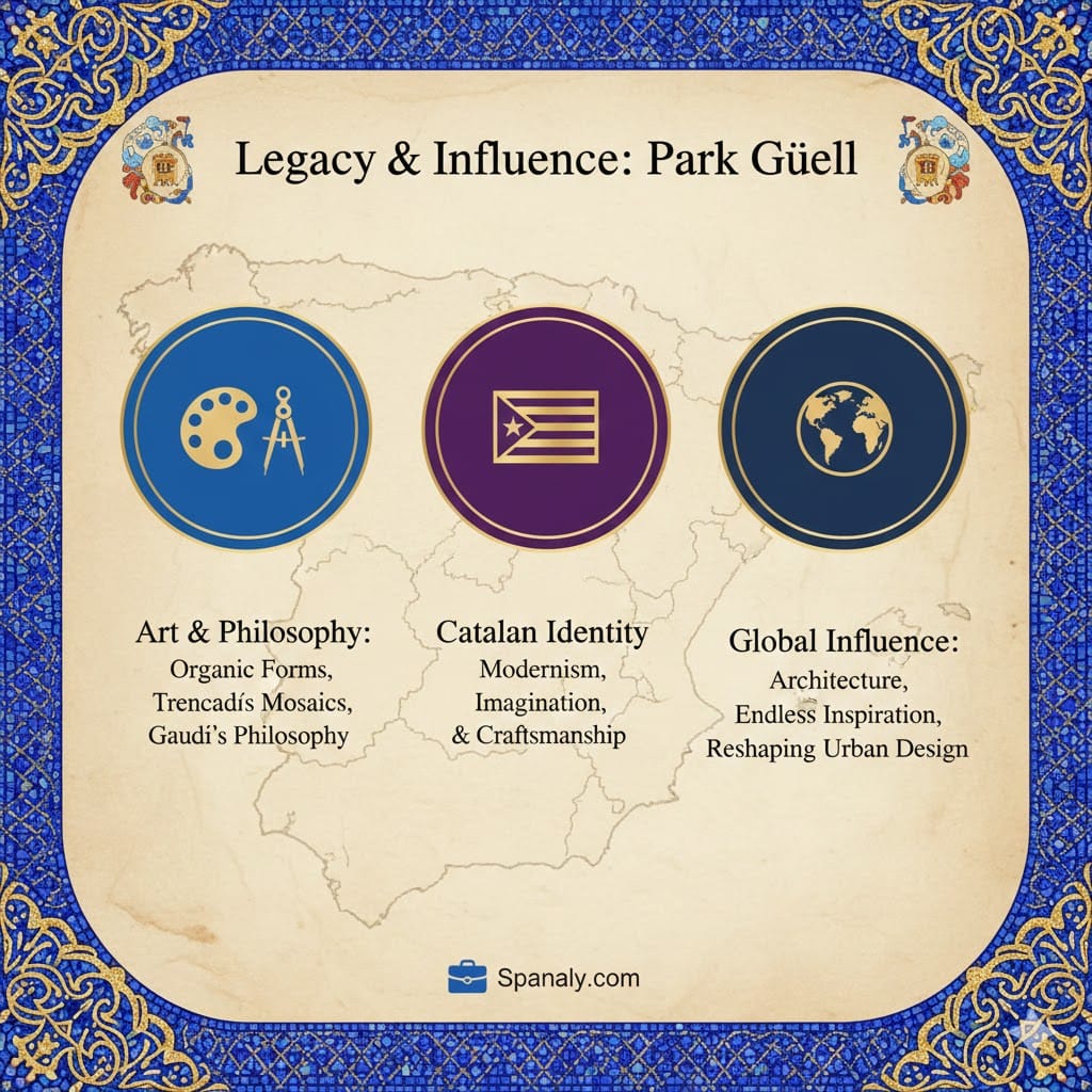 A comprehensive 2026 infographic about Park Güell’s legacy, featuring Catalan identity, Gaudí’s organic philosophy, and Trencadís mosaics within a royal blue mosaic border.