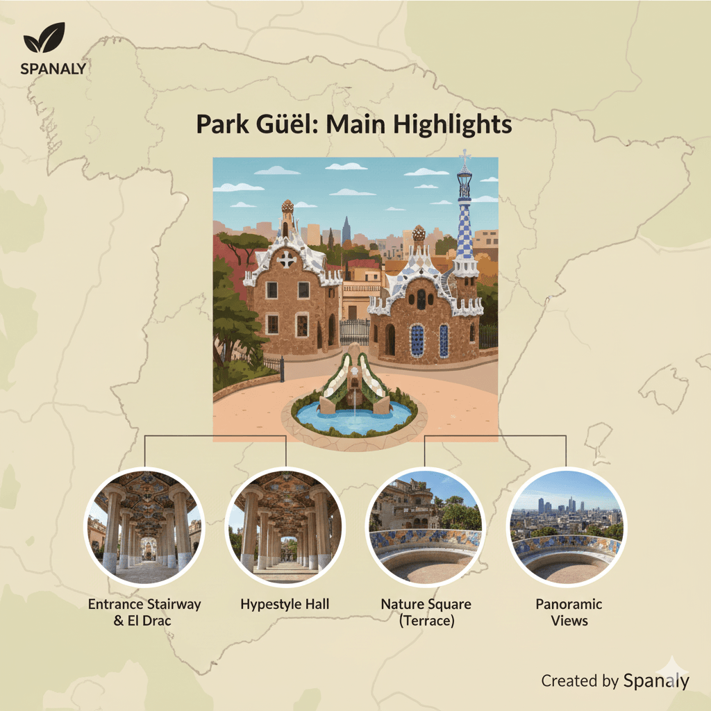 A professional infographic of Park Güell highlights featuring the El Drac mosaic salamander, the Hypostyle Hall columns, and the colorful Serpentine Bench with panoramic Barcelona views.