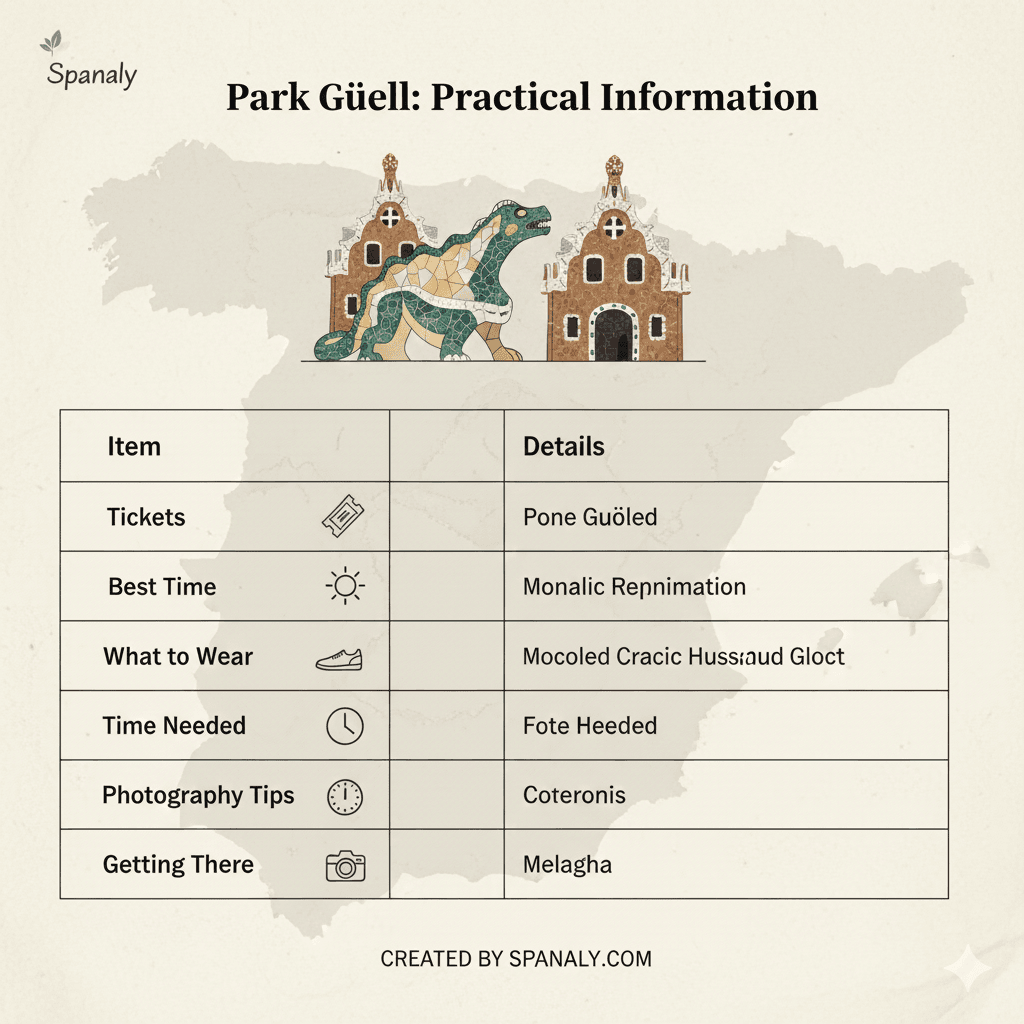 A professional infographic for Park Güell visitors in Barcelona, detailing practical tips for tickets, best visiting times, transportation options, and photography advice for the golden hour