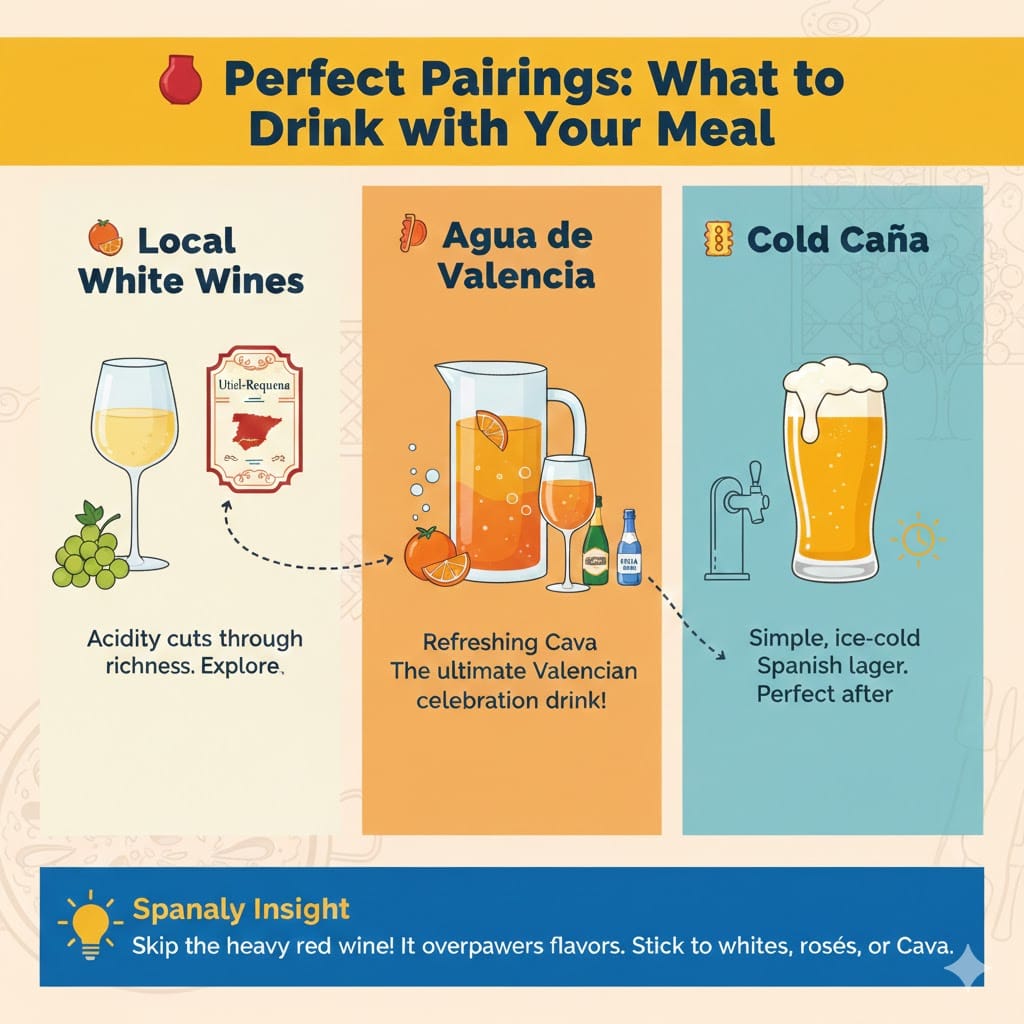 A colorful infographic titled 'Perfect Pairings: What to Drink with Your Meal' showcasing three options: Local White Wines from Utiel-Requena, Agua de Valencia cocktail, and a cold Spanish Caña. It includes a Spanaly Insight recommending skipping red wine to avoid overpowering the rice flavors.