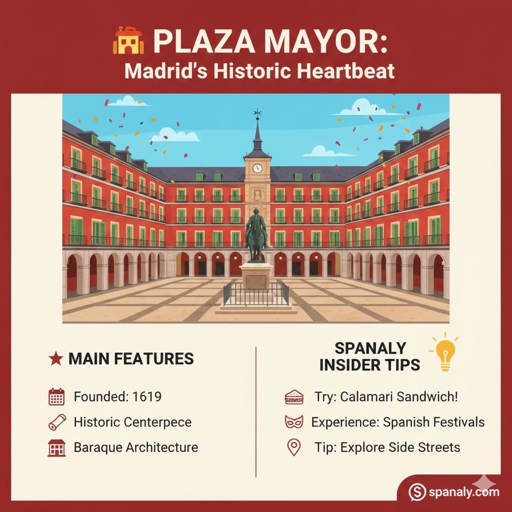 Infographic of Plaza Mayor in Madrid showing its Baroque architecture, founded in 1619, and tips for trying the calamari sandwich and exploring side streets.