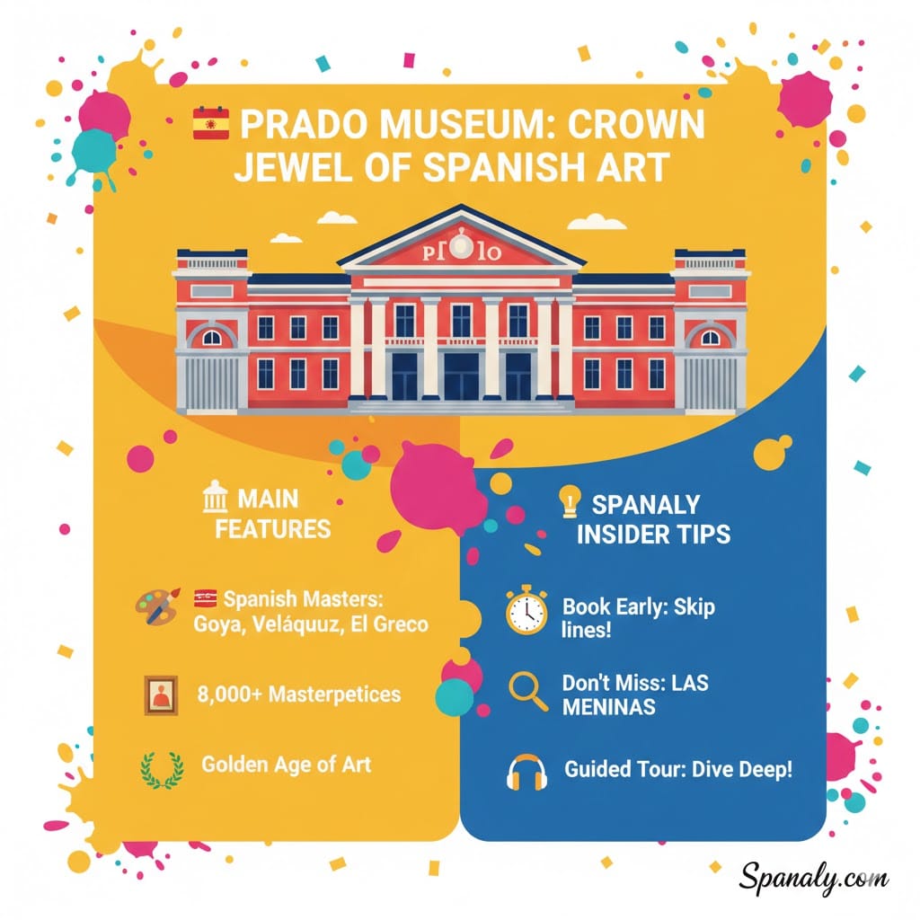 Infographic of Prado Museum in Madrid showing main features like Goya and Velázquez works, and travel tips like booking early and visiting Las Meninas.