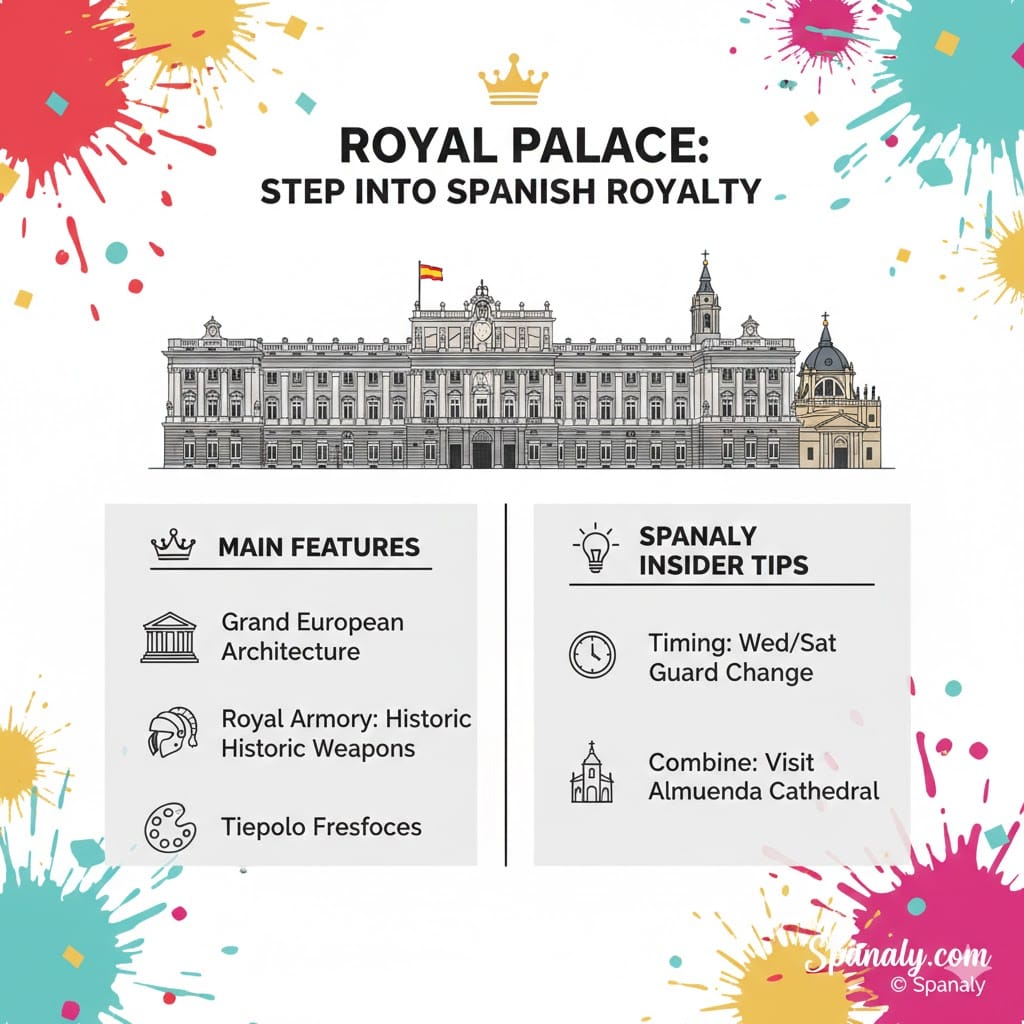 Infographic of the Royal Palace of Madrid highlighting main features like the Royal Armory and Tiepolo frescoes, with Spanaly insider tips for visiting.