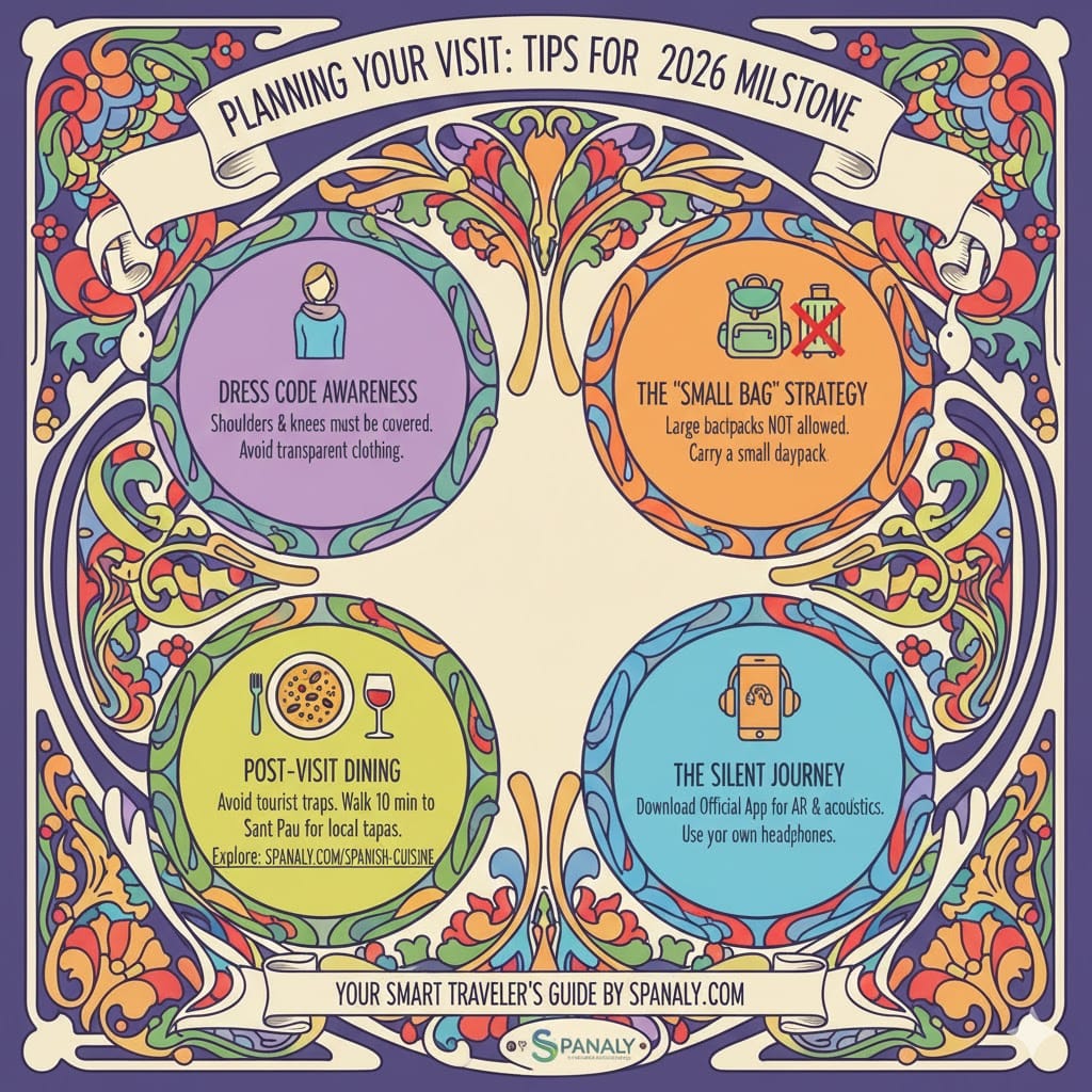 Practical infographic for visiting the Sagrada Família in 2026, featuring tips on dress code, the small bag policy, local dining near Sant Pau, and using the official audio app by Spanaly.