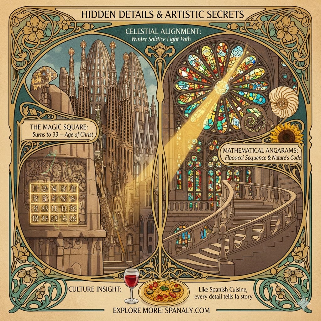 Educational infographic of Sagrada Família's hidden secrets, featuring the Magic Square of 33, Fibonacci mathematical sequences in staircases, celestial light alignments, and a cultural link to Spanish cuisine by Spanaly.
