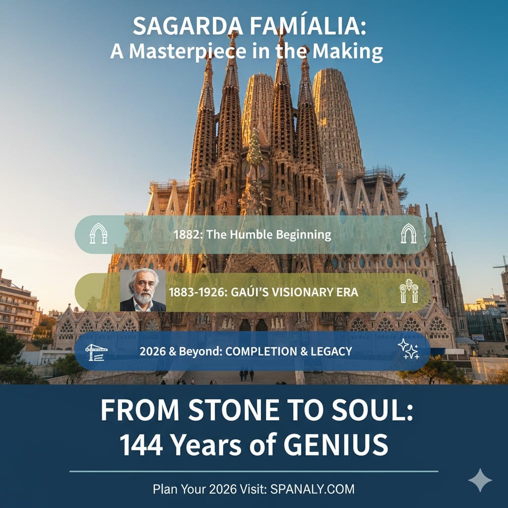 Infographic showing the timeline of Sagrada Família from 1882 to the 2026 completion, featuring Antoni Gaudí's visionary era and the architectural evolution of Barcelona's iconic basilica.