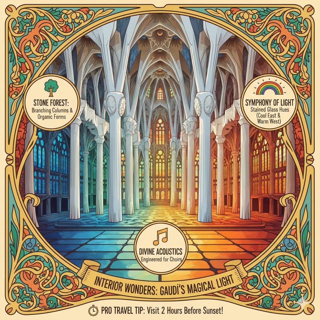 Interior infographic of the Sagrada Família showing Gaudí's stone forest columns, the magical stained glass light effects (cool east vs warm west), and divine acoustics engineering by Spanaly.