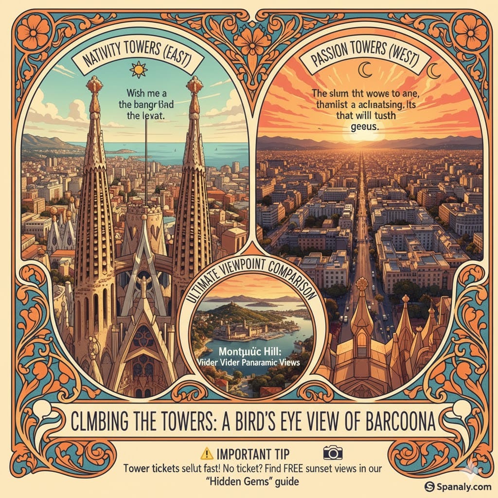 Infographic comparing views from the Nativity Towers and Passion Towers of the Sagrada Família, including a comparison with Montjuïc Hill and travel tips for booking tickets by Spanaly.