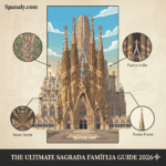Ultimate 2026 travel infographic of Sagrada Família in Barcelona, showcasing the iconic facades, towering spires, and a map of Spain with the Spanaly logo in the top left corner.