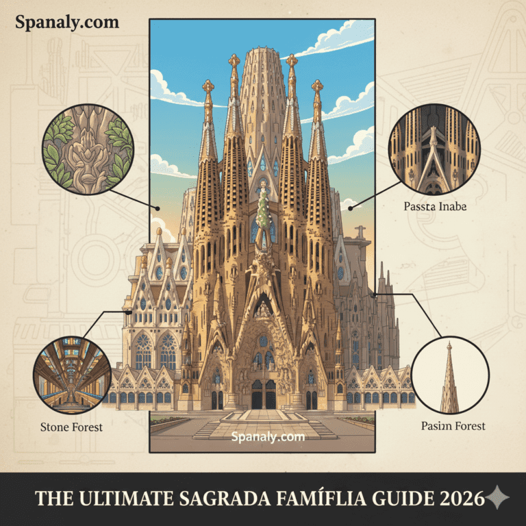 Ultimate 2026 travel infographic of Sagrada Família in Barcelona, showcasing the iconic facades, towering spires, and a map of Spain with the Spanaly logo in the top left corner.