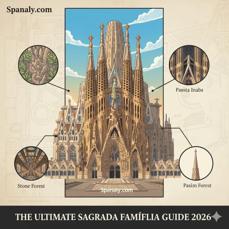 Ultimate 2026 travel infographic of Sagrada Família in Barcelona, showcasing the iconic facades, towering spires, and a map of Spain with the Spanaly logo in the top left corner.