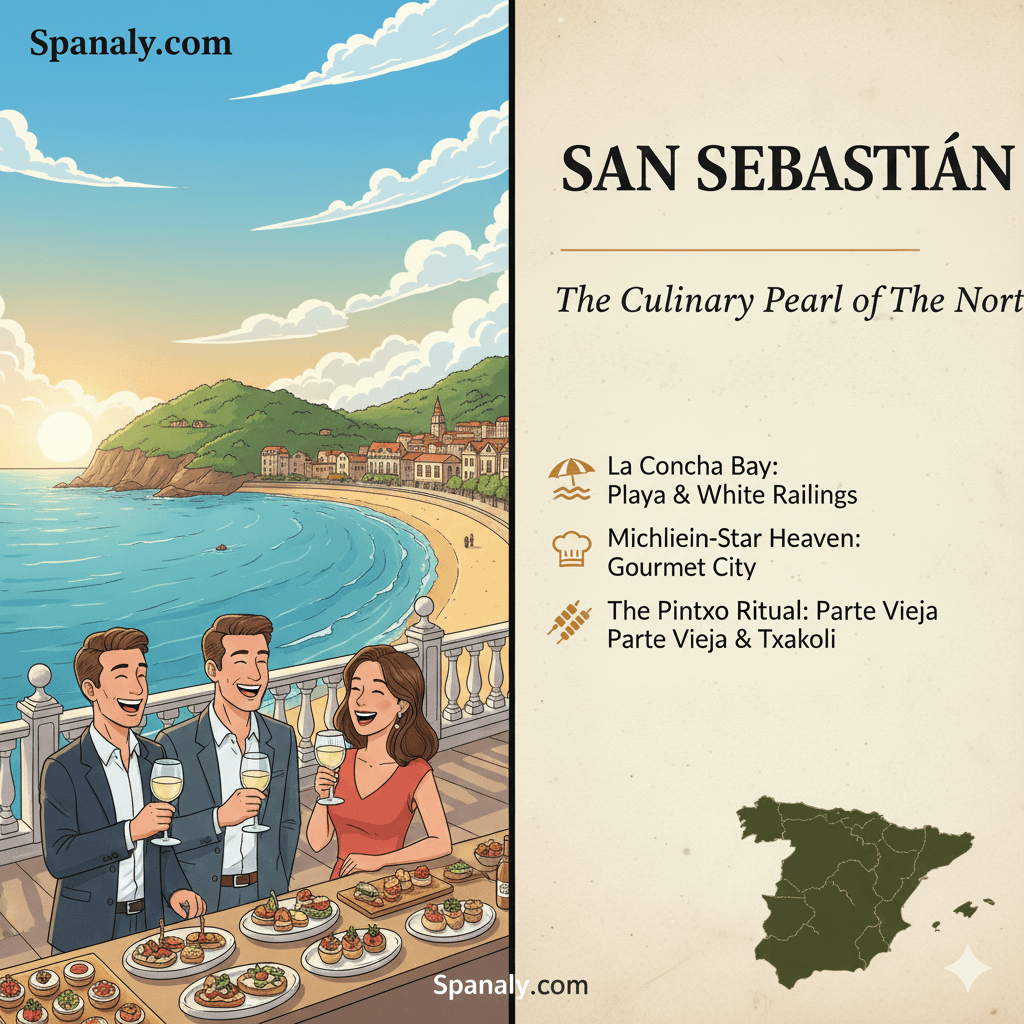 Professional travel infographic of San Sebastián featuring La Concha beach, Michelin-star Pintxos, and the ornate city architecture with a Spain map highlighting Donostia - Spanaly logo on top left.