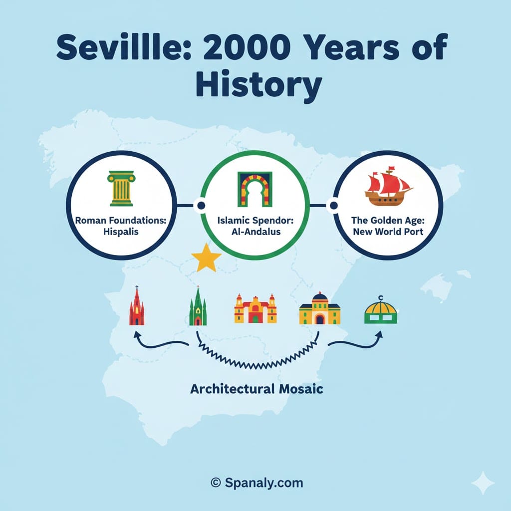 An educational infographic showing Seville's 2000-year history with icons for Roman foundations (Hispalis), Islamic splendor (Al-Andalus), and the Golden Age as a New World port on a map of Spain.