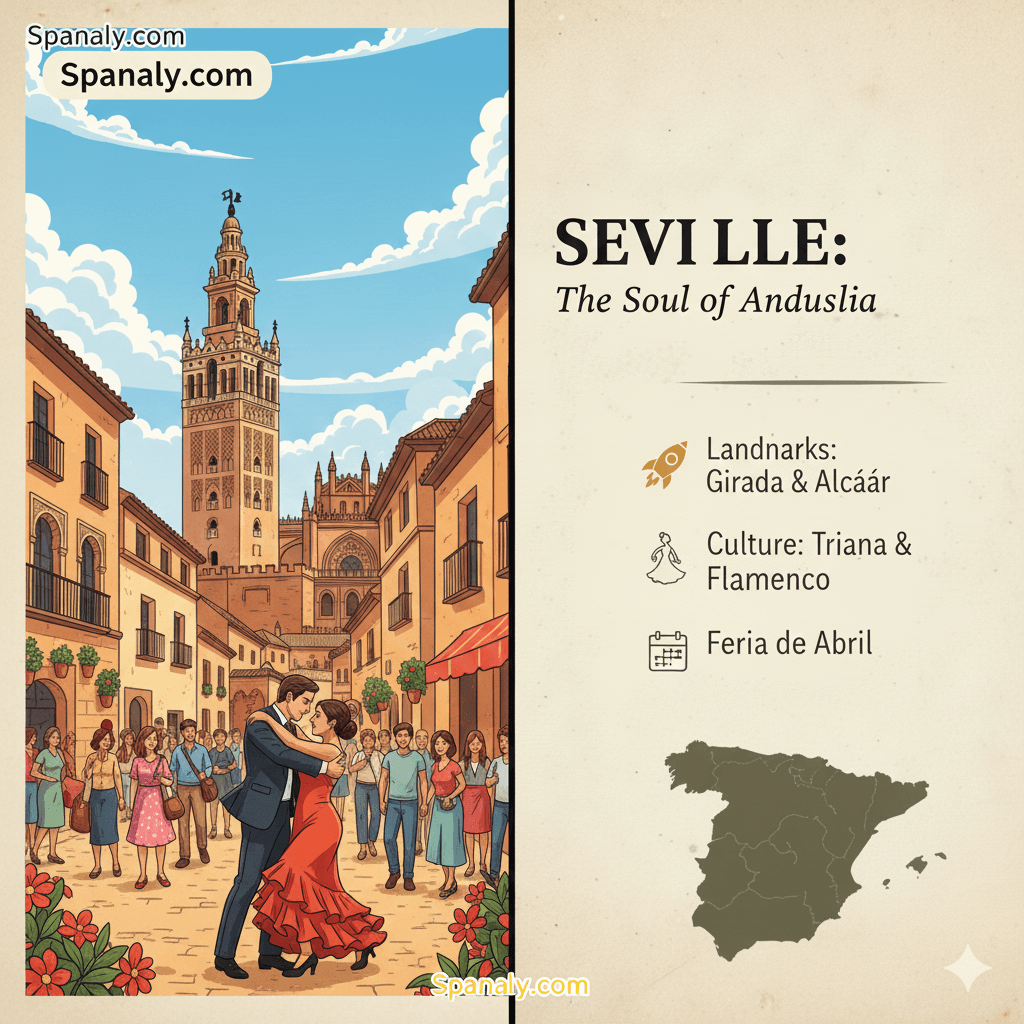 Professional travel infographic of Seville featuring the Giralda tower, Seville Cathedral, and Flamenco dancers with a Spain map highlighting the Andalusian capital - Spanaly.