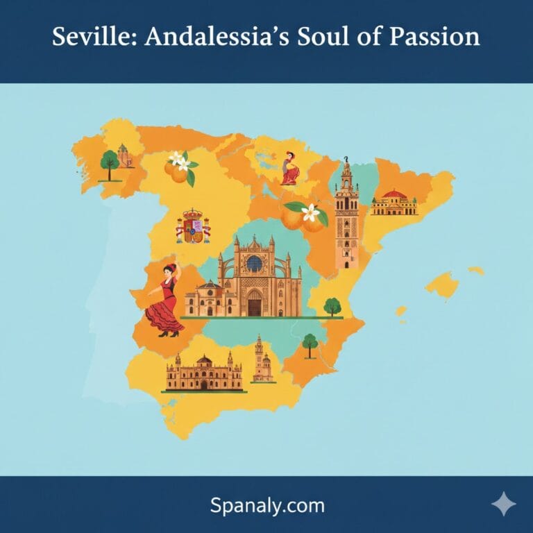 A vibrant and professional 2026 featured image for Seville, showing a large map of Spain with iconic landmarks like the Giralda and Cathedral, orange blossoms, and a flamenco dancer at its heart, titled 'Seville: Andalusia's Soul of Passion'.
