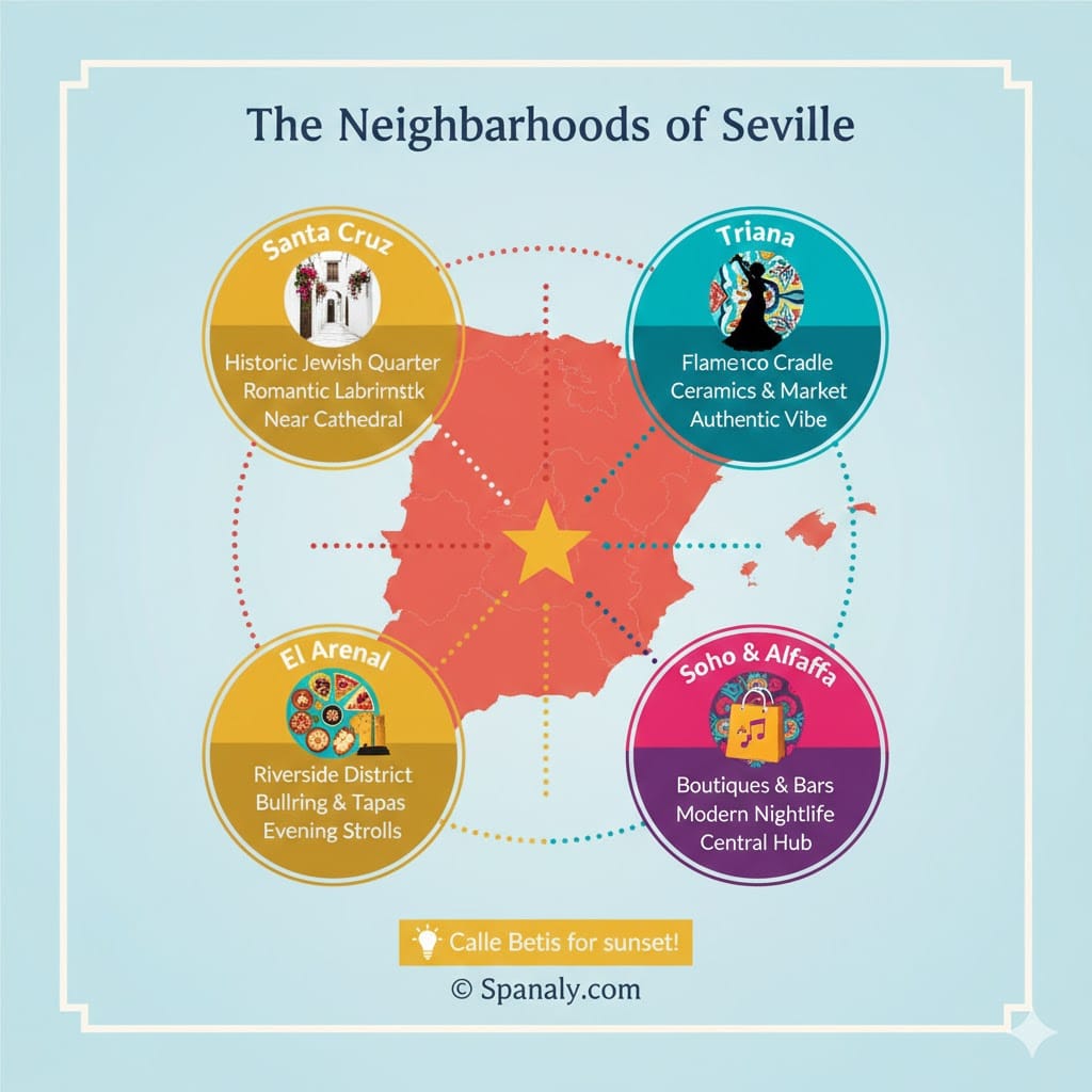 A detailed infographic of Seville's best neighborhoods for 2026, featuring Santa Cruz (historic alleys, patios), Triana (flamenco, ceramics), El Arenal (riverside, tapas), and Soho & Alfalfa (shopping, nightlife) with key tips on a map of Spain, all framed.