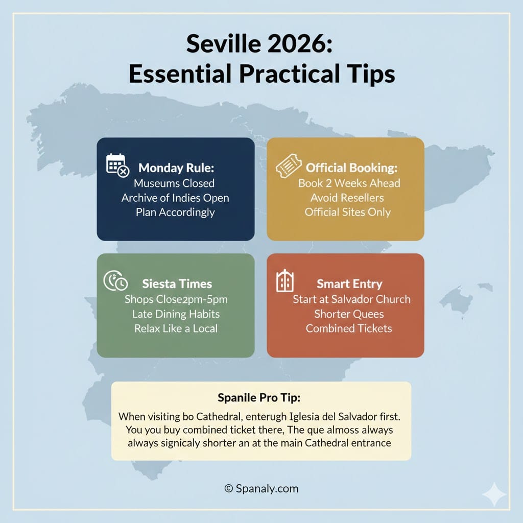 A high-quality 2026 travel infographic for Seville, presenting essential practical tips like the Monday Rule, pre-booking tickets, Siesta times, and the smart entry secret via Salvador Church, with a map of Spain and a thin frame.