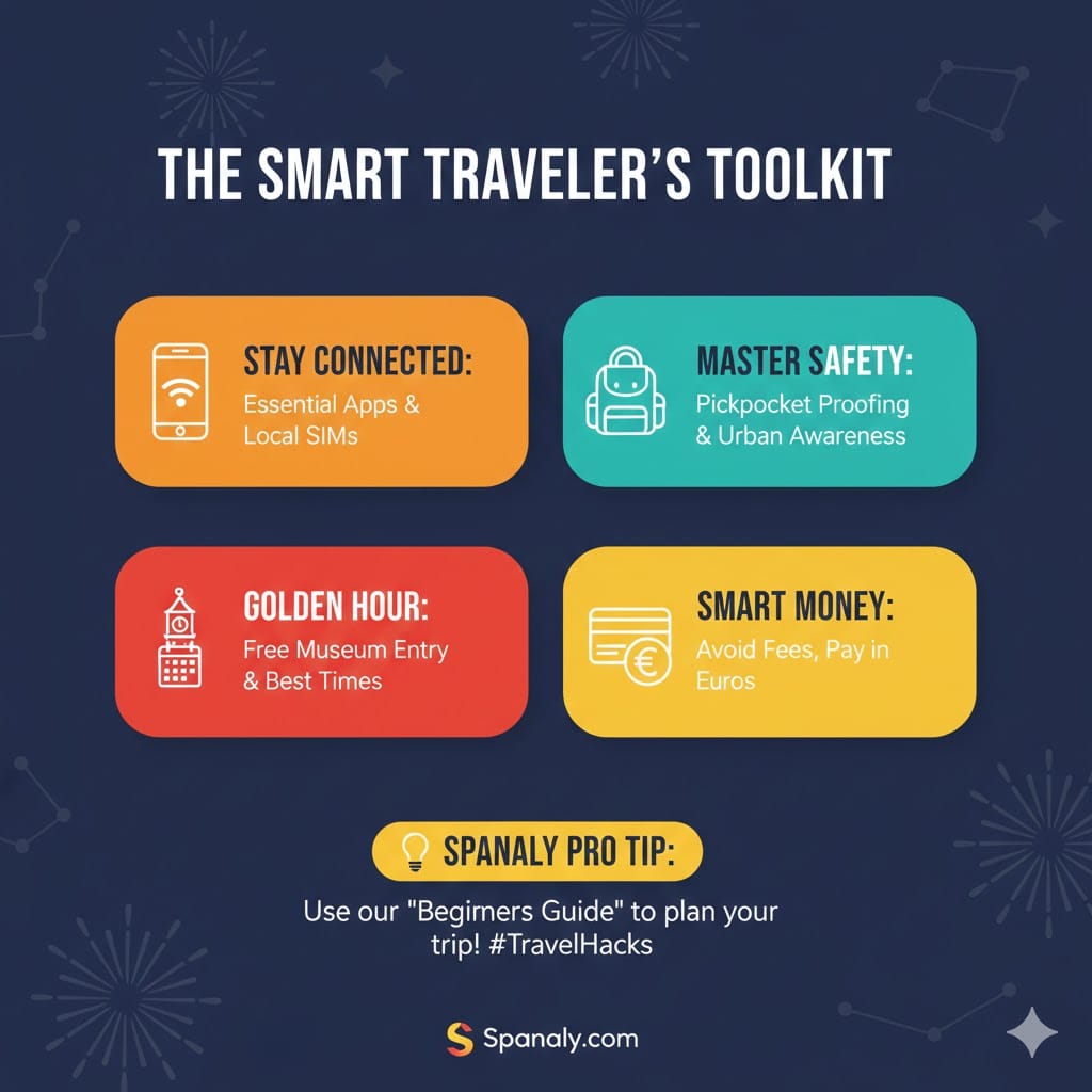 A practical travel infographic titled 'The Smart Traveler’s Toolkit' covering essential tips for Spain: staying connected with local SIMs, mastering safety, finding free museum hours (Golden Hour), and managing money in Euros, by Spanaly.com.