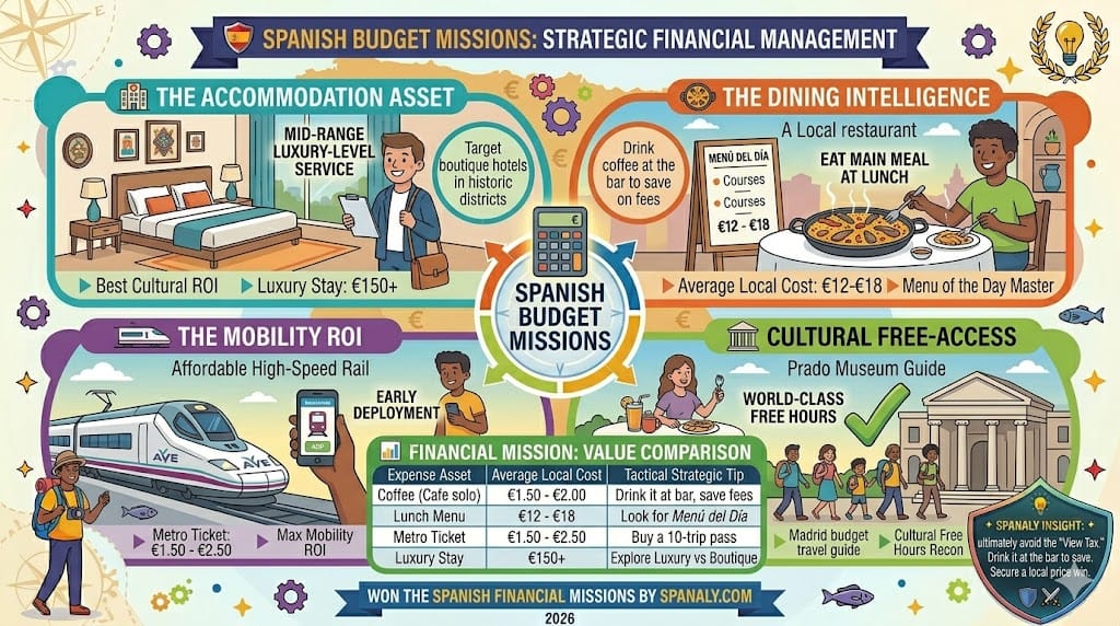 A colorful infographic illustrating strategic budget management in Spain, featuring affordable luxury accommodation, dining intelligence like Menú del Día, high-speed rail mobility ROI, and free cultural access hours.
