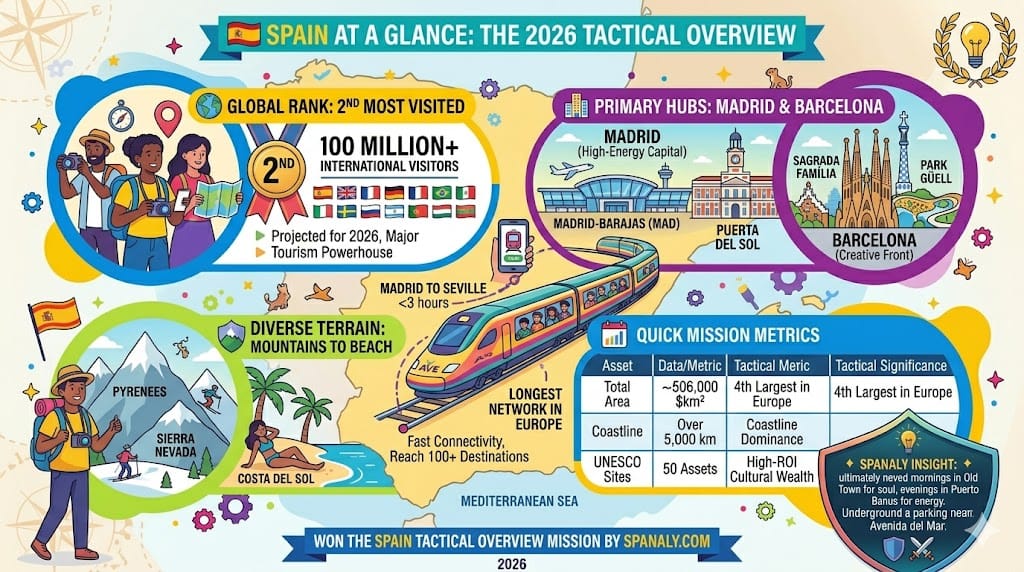 A colorful infographic summarizing Spain's 2026 tactical overview, featuring global tourism rank, transport infrastructure like AVE trains, and a comparison between Madrid and Barcelona.