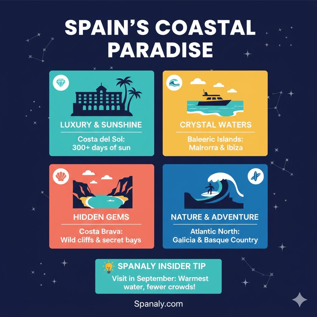 A colorful travel infographic titled 'Spain’s Coastal Paradise' highlighting four types of beach experiences: Luxury in Costa del Sol, Crystal Waters in Balearic Islands, Hidden Gems in Costa Brava, and Adventure in Atlantic North, with a Spanaly insider tip about visiting in September.