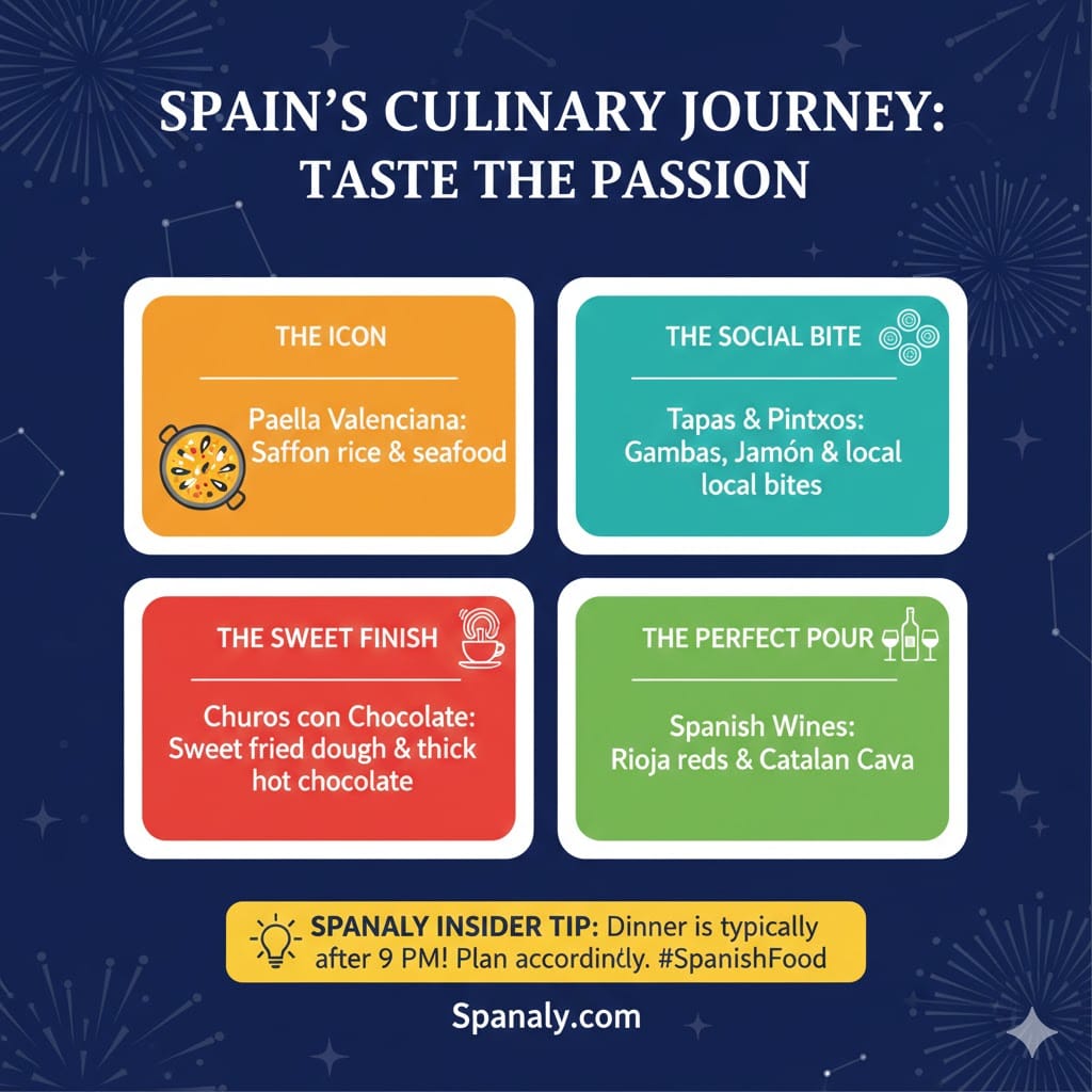 A mouth-watering infographic titled 'Spain’s Culinary Journey: Taste the Passion' featuring Paella Valenciana, Tapas & Pintxos, Churros con Chocolate, and Spanish Wines, with an insider tip about dining times in Spain, by Spanaly.com.