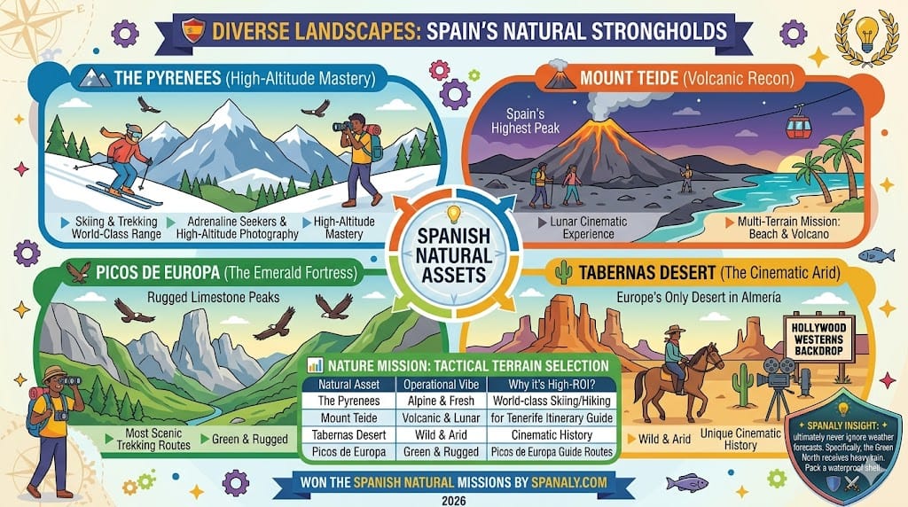 A colorful infographic illustrating Spain's diverse landscapes and natural strongholds, featuring the Pyrenees for skiing and trekking, Mount Teide as a volcanic peak, Picos de Europa for green trekking, and the Tabernas Desert as a cinematic arid location.