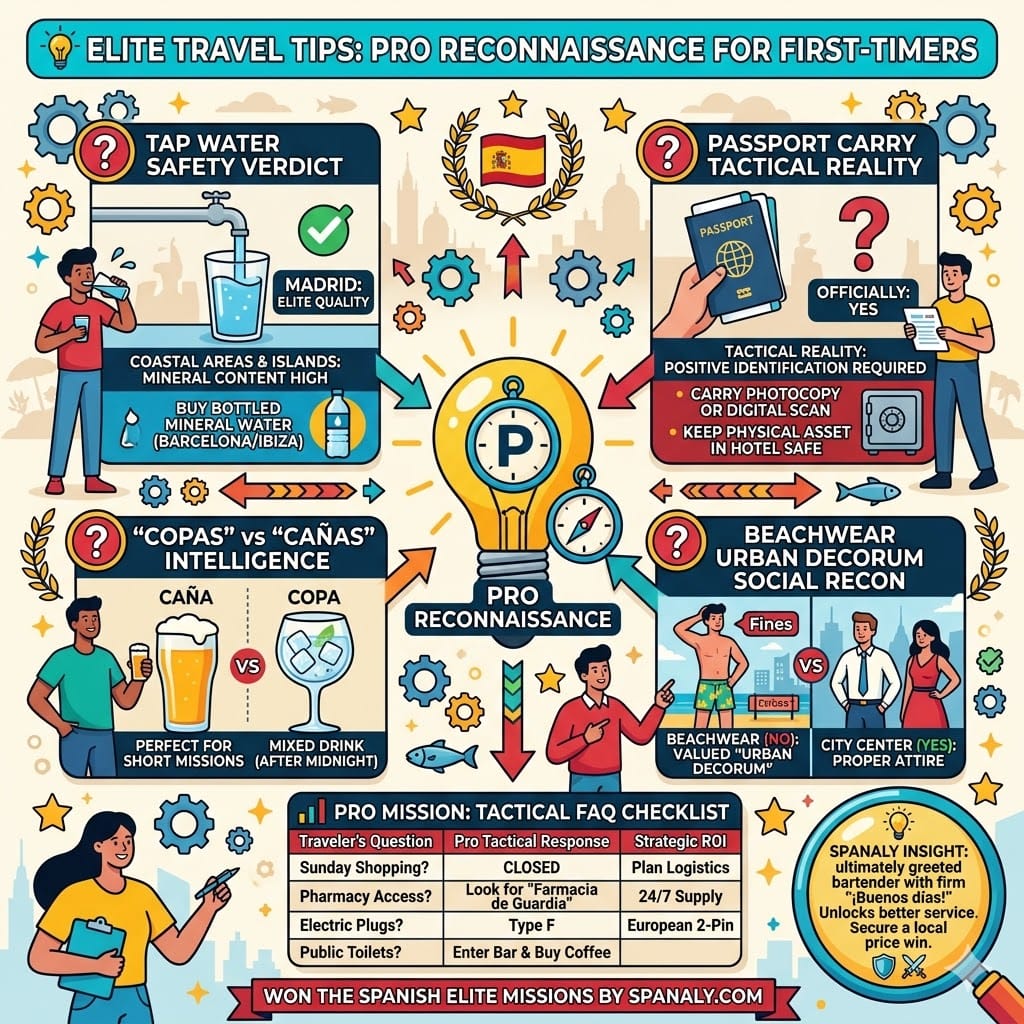 A colorful infographic illustrating elite travel tips for Spain, featuring a tactical Q&A on tap water safety, passport carry rules, the difference between Caña and Copa, and urban dress code decorum.