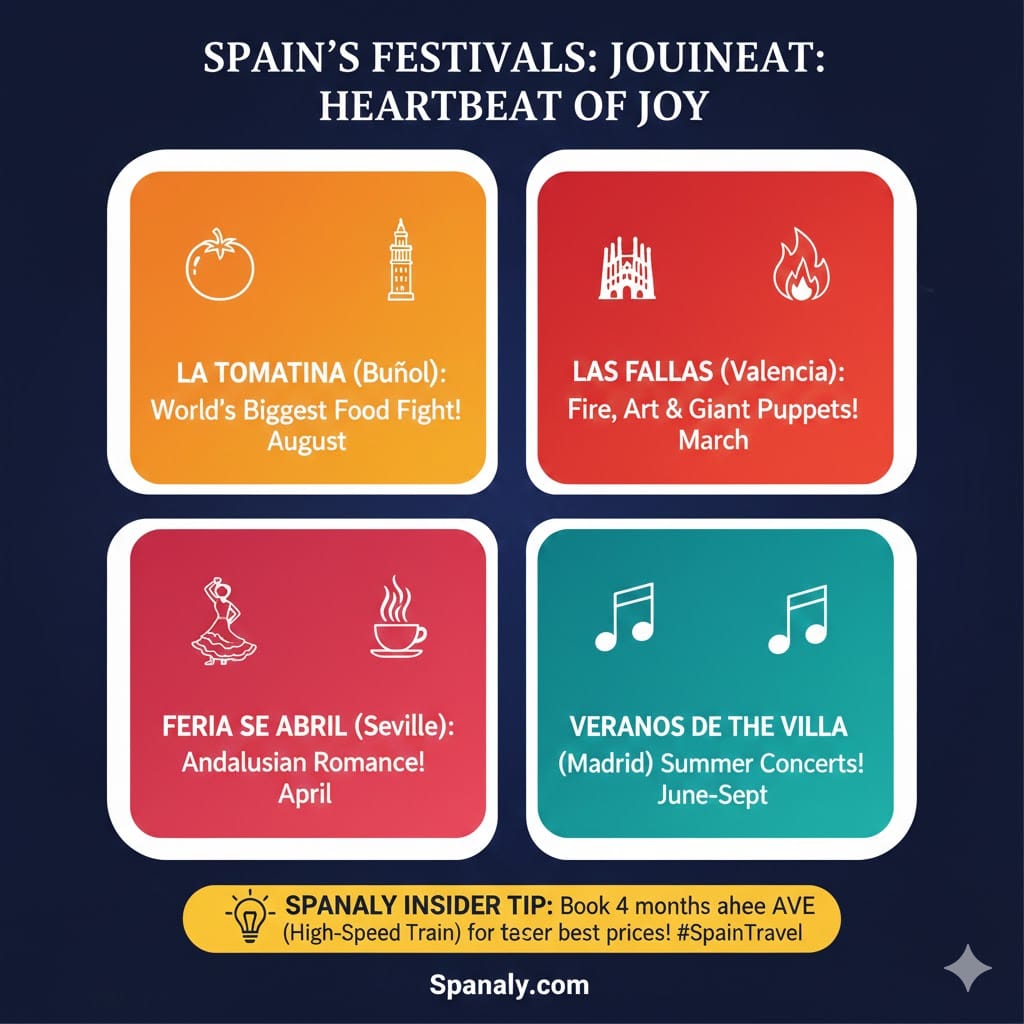 A vibrant infographic titled 'Spain's Festivals: Heartbeat of Joy' featuring La Tomatina, Las Fallas, Feria de Abril, and Veranos de la Villa with their locations and dates, by Spanaly.com.