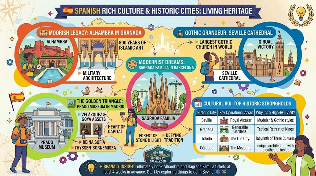 A colorful infographic showing Spain's top cultural landmarks including the Alhambra in Granada, Seville Cathedral, Sagrada Familia in Barcelona, and the Prado Museum in Madrid.