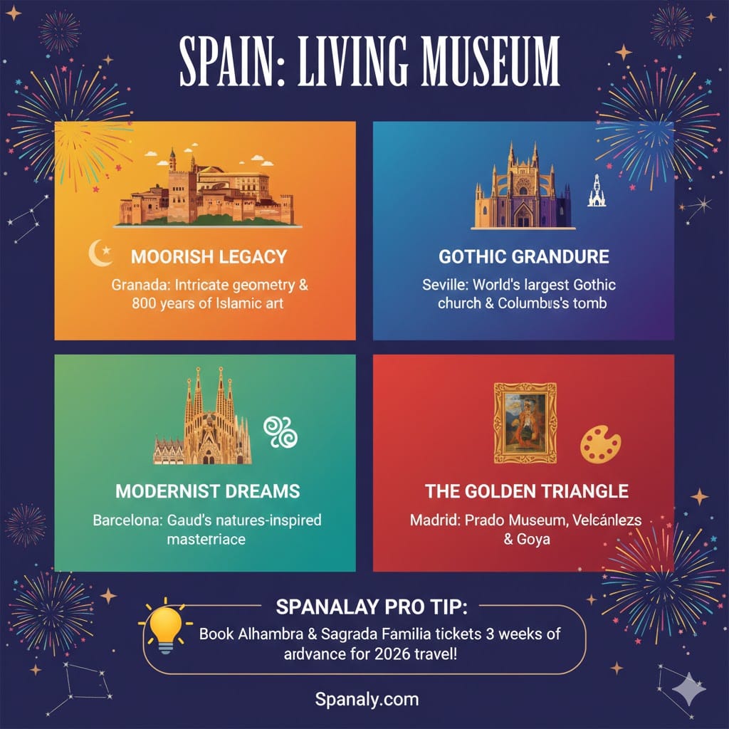 Educational infographic titled 'Spain: Living Museum' showcasing four major landmarks: Alhambra (Moorish Legacy), Seville Cathedral (Gothic Grandeur), Sagrada Família (Modernist Dreams), and Prado Museum (The Golden Triangle), with a pro tip for booking tickets, by Spanaly.com.