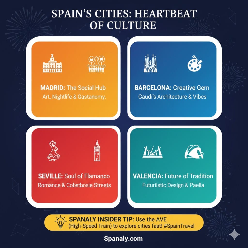 Professional infographic titled 'Spain's Cities: Heartbeat of Culture' showcasing Madrid, Barcelona, Seville, and Valencia with their unique traits and a tip about the AVE high-speed train, by Spanaly.com.